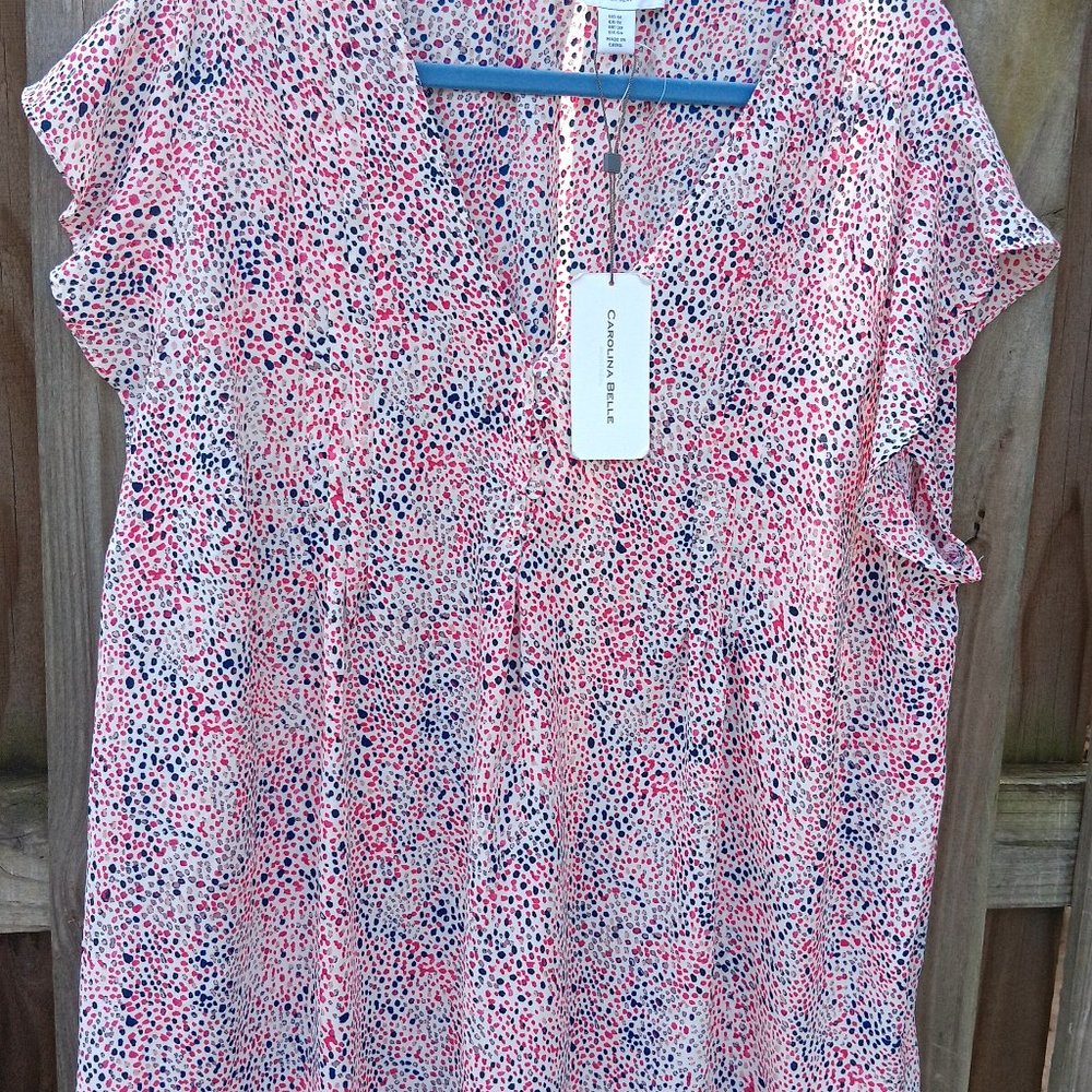 Carolina Belle NWT Women's Blouse, size 1X,  Black/Pink/Peach - White Background